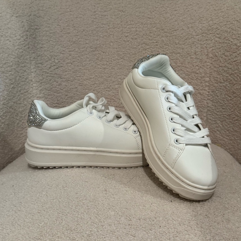 Platform White Sneakers with Rhinestones
